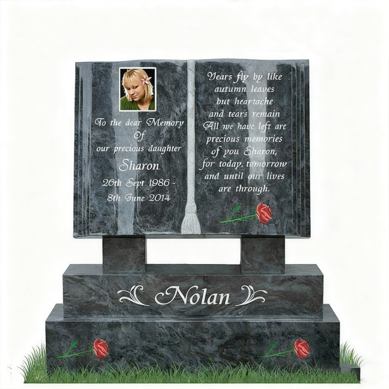 Bokformad granitminnesgravsten