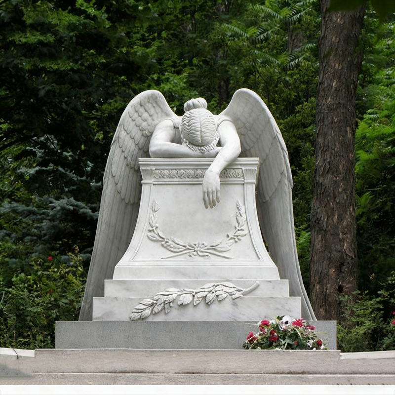 Ängelgravsten i marmor med böjt huvud